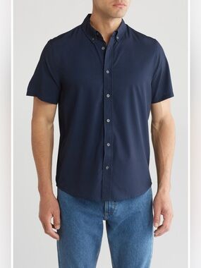 SLATE & STONE Men’s Medium Short Sleeve Button Down Collar Shirt Blue Microdot